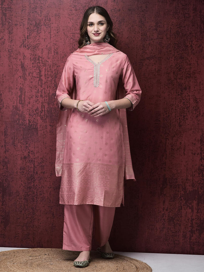 Women Liva Peach Foil Print Kurta Comfort pant Dupatta.