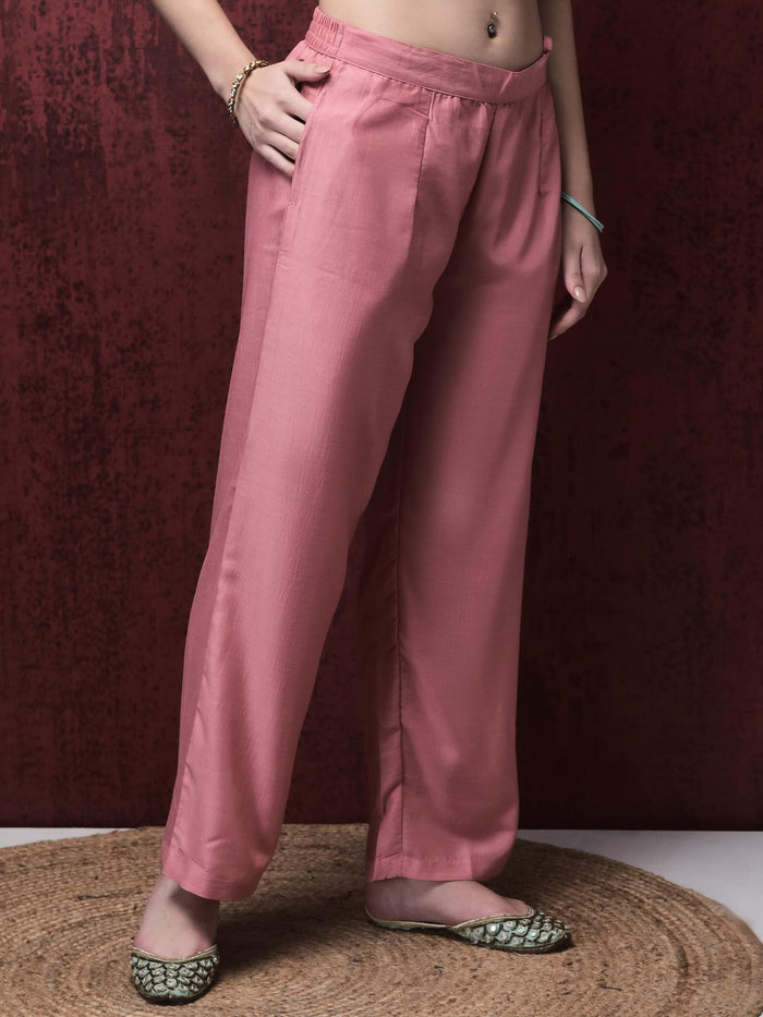 Women Liva Peach Foil Print Kurta Comfort pant Dupatta.