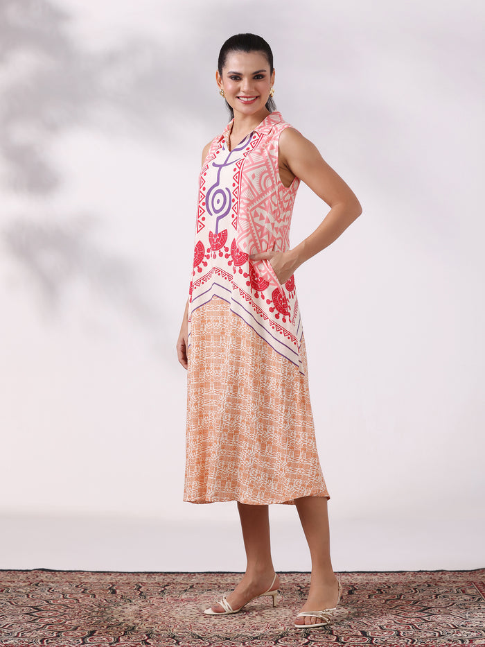 Women Liva Peach Multi Printed Dress