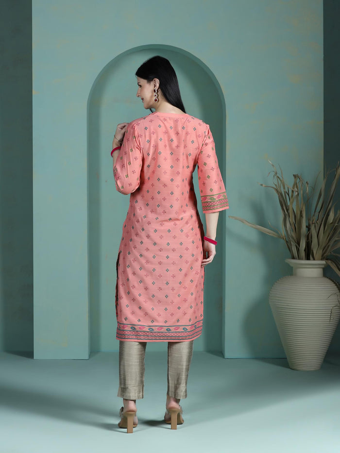 Women Liva Peach Placement Print Kurta.