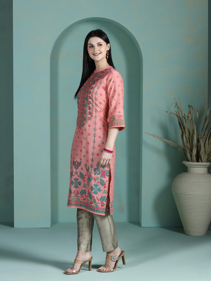 Women Liva Peach Placement Print Kurta.