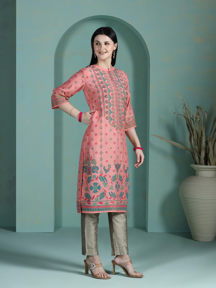 Women Liva Peach Placement Print Kurta.