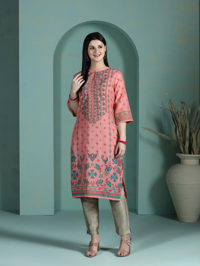 Women Liva Peach Placement Print Kurta.