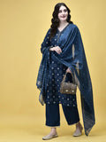 Women Liva Peacock Blue Geometric Print Kurta Comfort Pant Chanderi Dupatta.