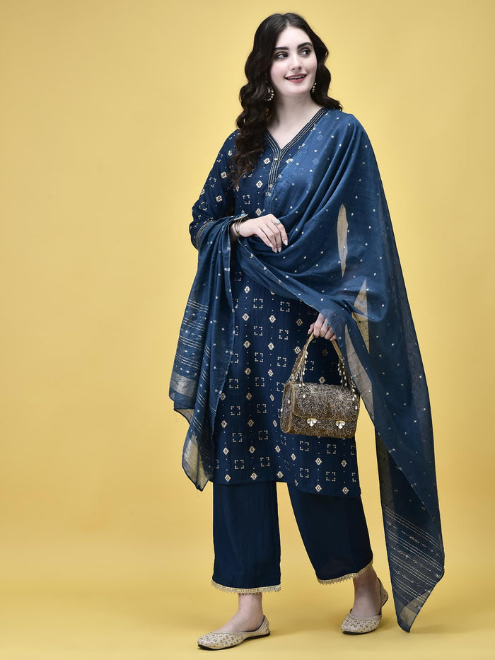 Women Liva Peacock Blue Geometric Print Kurta Comfort Pant Chanderi Dupatta.
