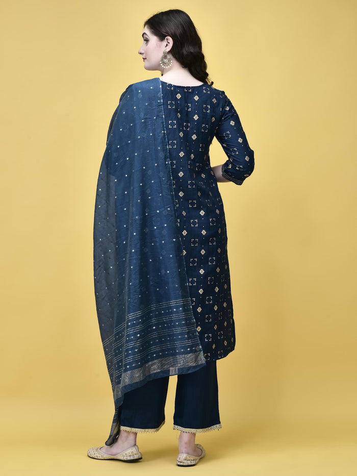 Women Liva Peacock Blue Geometric Print Kurta Comfort Pant Chanderi Dupatta.
