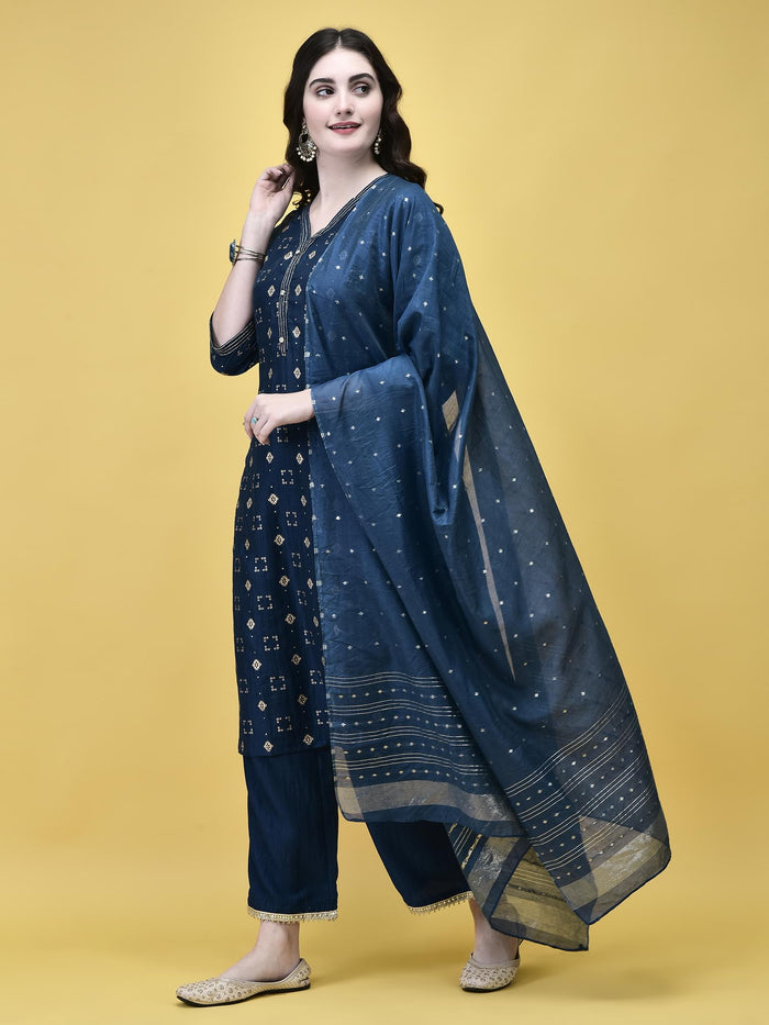 Women Liva Peacock Blue Geometric Print Kurta Comfort Pant Chanderi Dupatta.