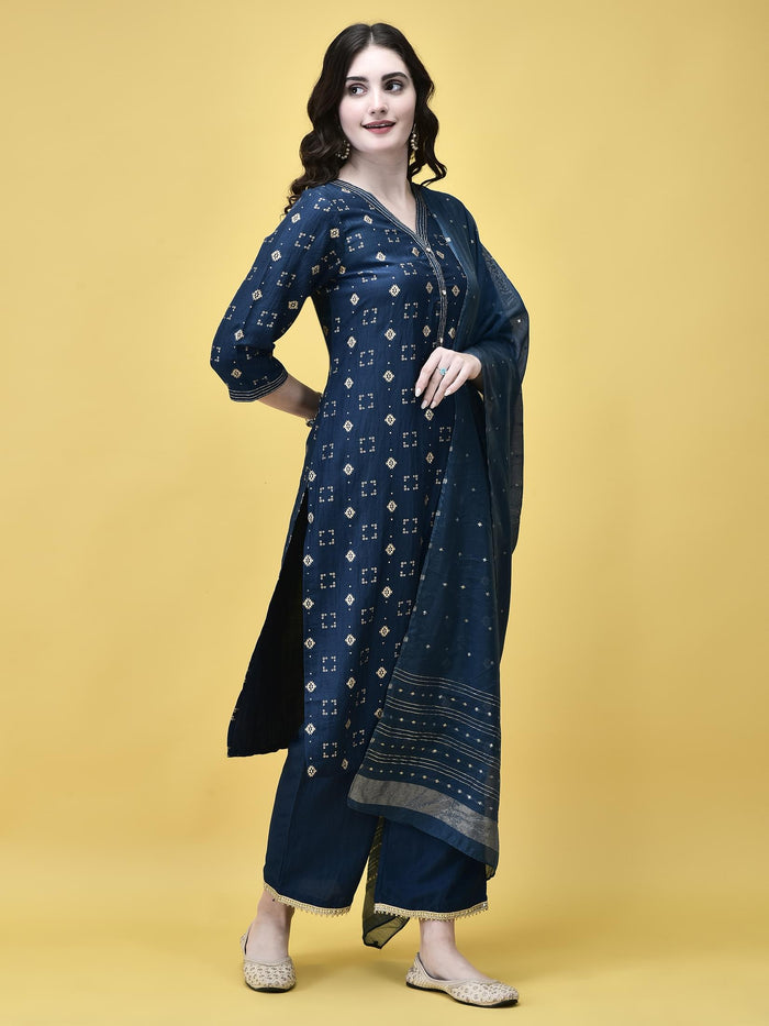 Women Liva Peacock Blue Geometric Print Kurta Comfort Pant Chanderi Dupatta.