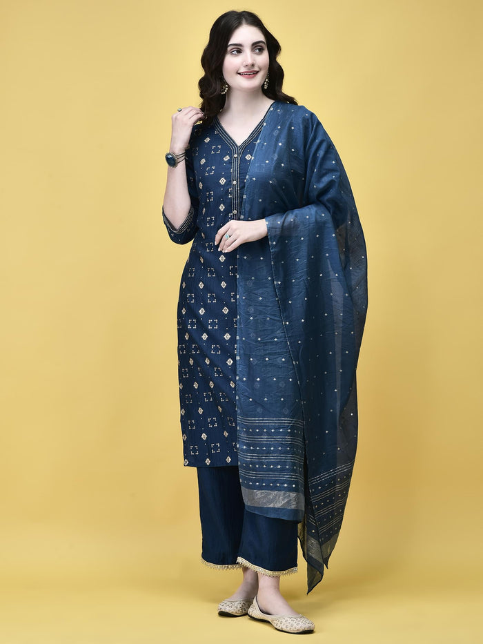 Women Liva Peacock Blue Geometric Print Kurta Comfort Pant Chanderi Dupatta.