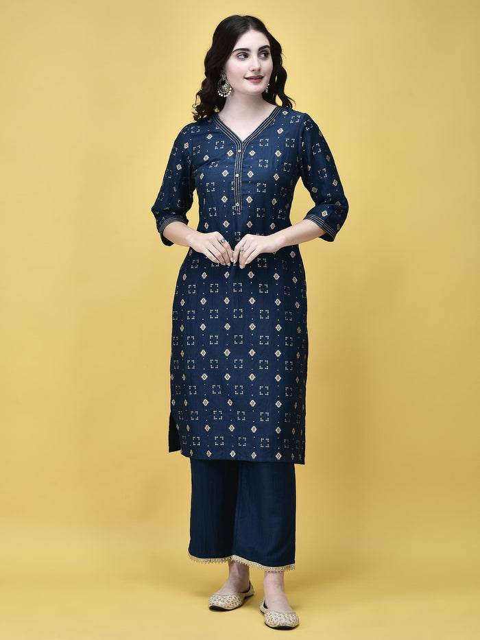 Women Liva Peacock Blue Geometric Print Kurta Comfort Pant Chanderi Dupatta.