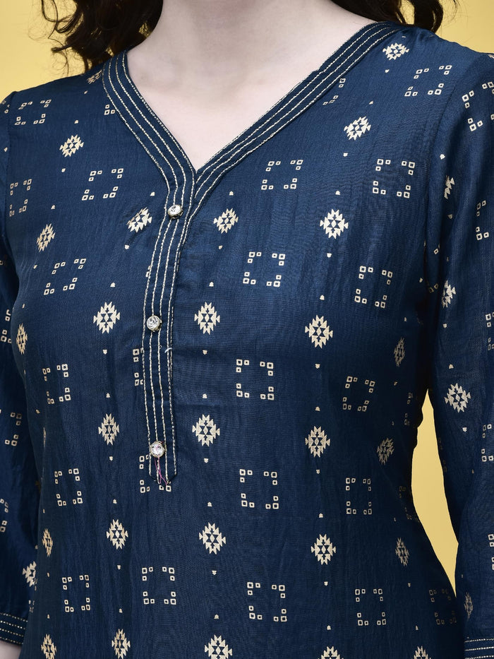 Women Liva Peacock Blue Geometric Print Kurta Comfort Pant Chanderi Dupatta.
