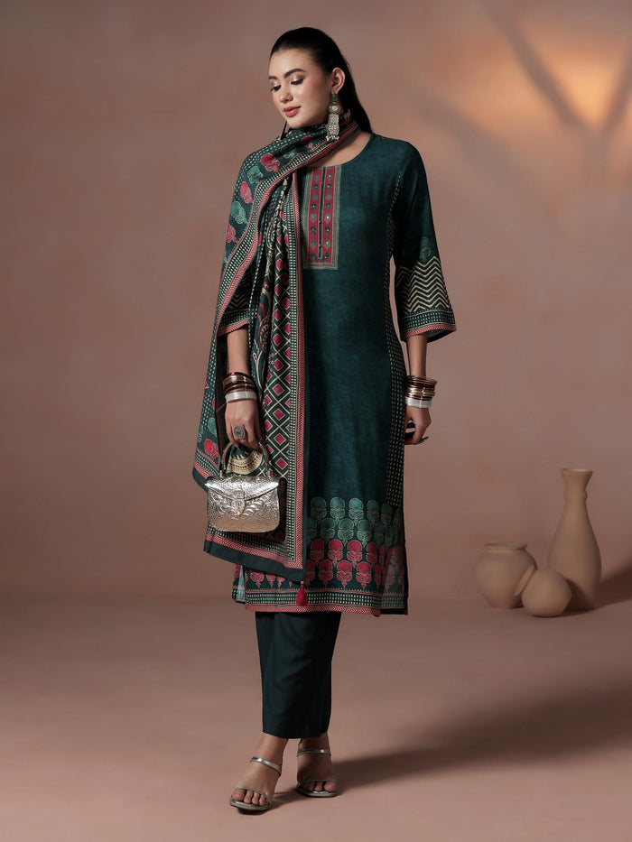 Women Liva Peacock Blue Ornamental Print Kurta Comfort Pant Dupatta.