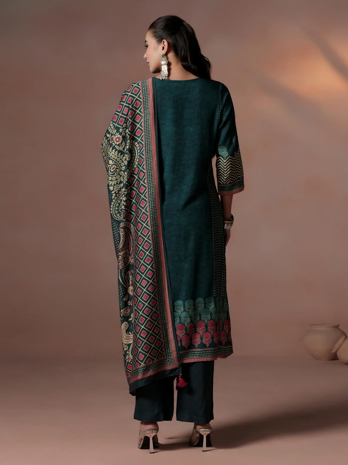 Women Liva Peacock Blue Ornamental Print Kurta Comfort Pant Dupatta.
