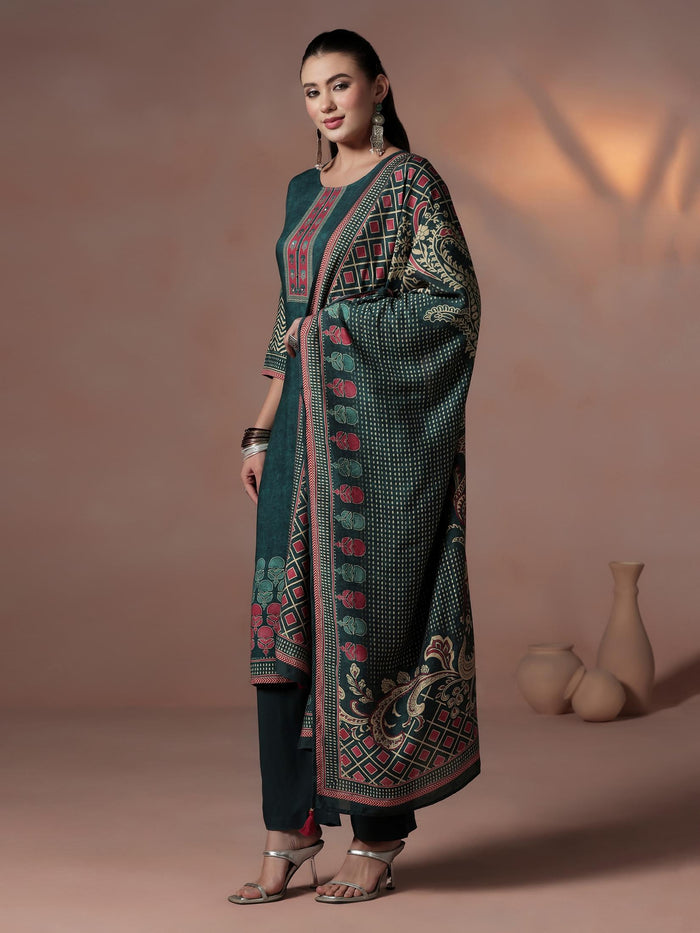 Women Liva Peacock Blue Ornamental Print Kurta Comfort Pant Dupatta.