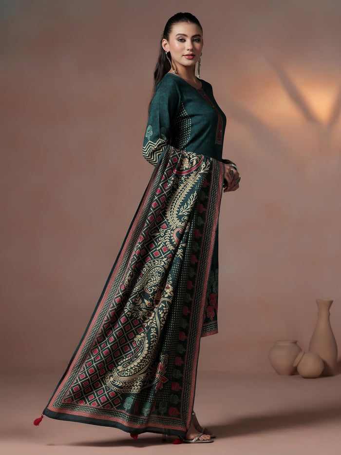 Women Liva Peacock Blue Ornamental Print Kurta Comfort Pant Dupatta.
