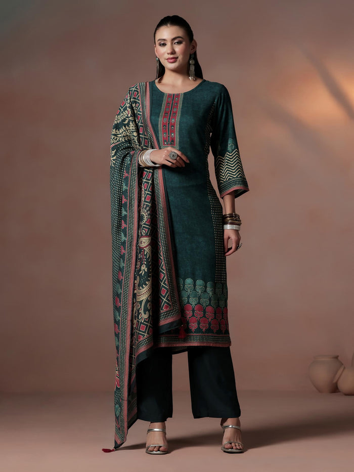 Women Liva Peacock Blue Ornamental Print Kurta Comfort Pant Dupatta.