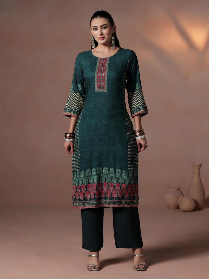 Women Liva Peacock Blue Ornamental Print Kurta Comfort Pant Dupatta.