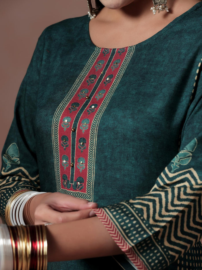Women Liva Peacock Blue Ornamental Print Kurta Comfort Pant Dupatta.