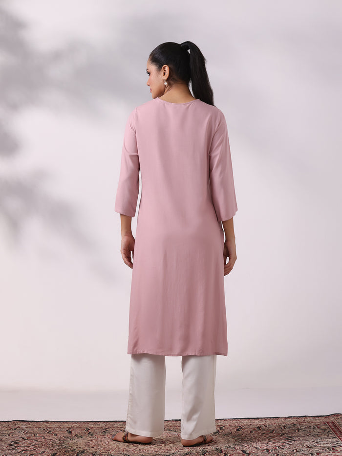 Women Liva Pink Embroidered Kurta