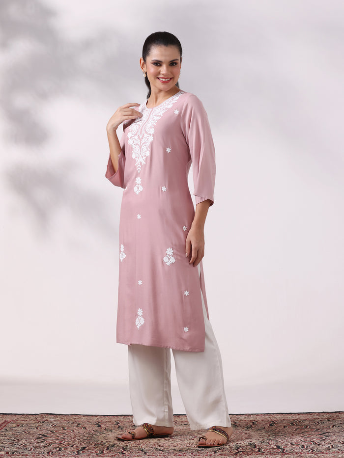Women Liva Pink Embroidered Kurta