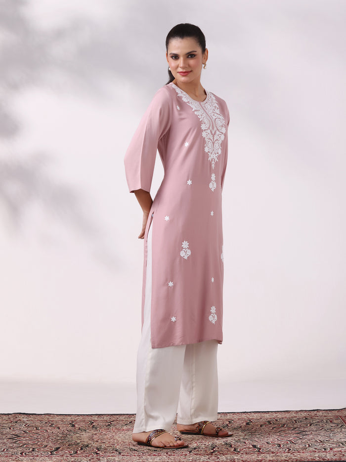 Women Liva Pink Embroidered Kurta