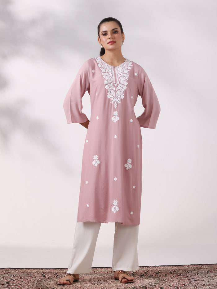 Women Liva Pink Embroidered Kurta