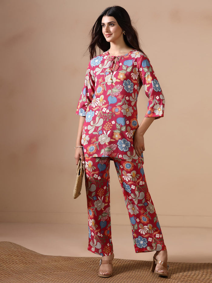 Women Liva Pink Floral Print Co Ord Set.