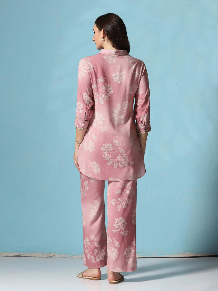 Women Liva Pink Floral Print Co-Ord Set.