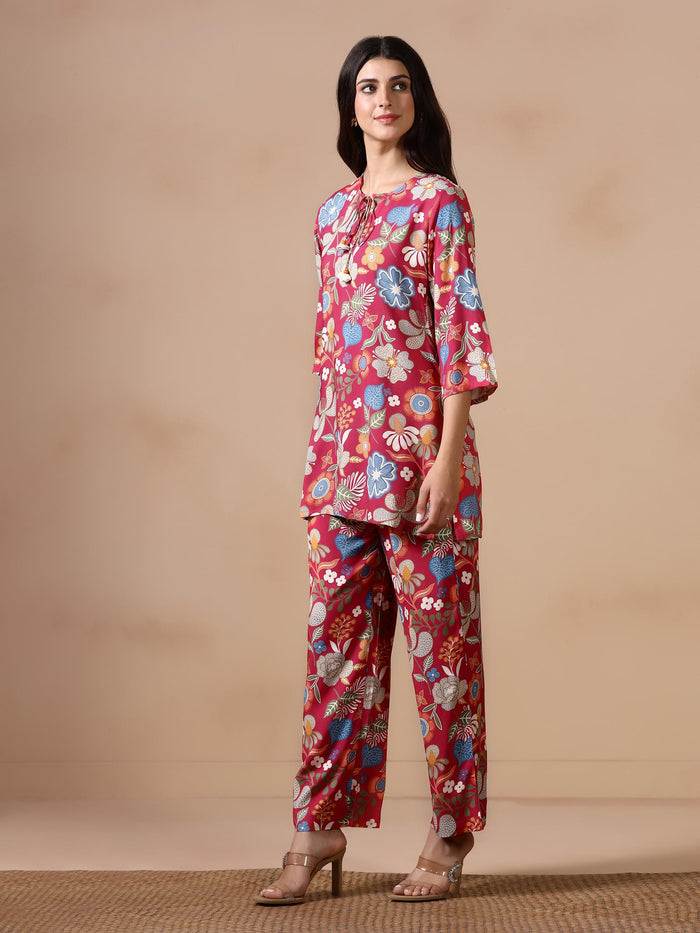 Women Liva Pink Floral Print Co Ord Set.