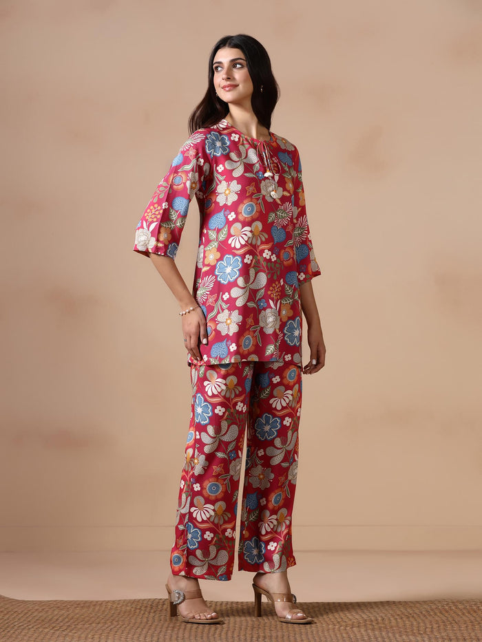 Women Liva Pink Floral Print Co Ord Set.