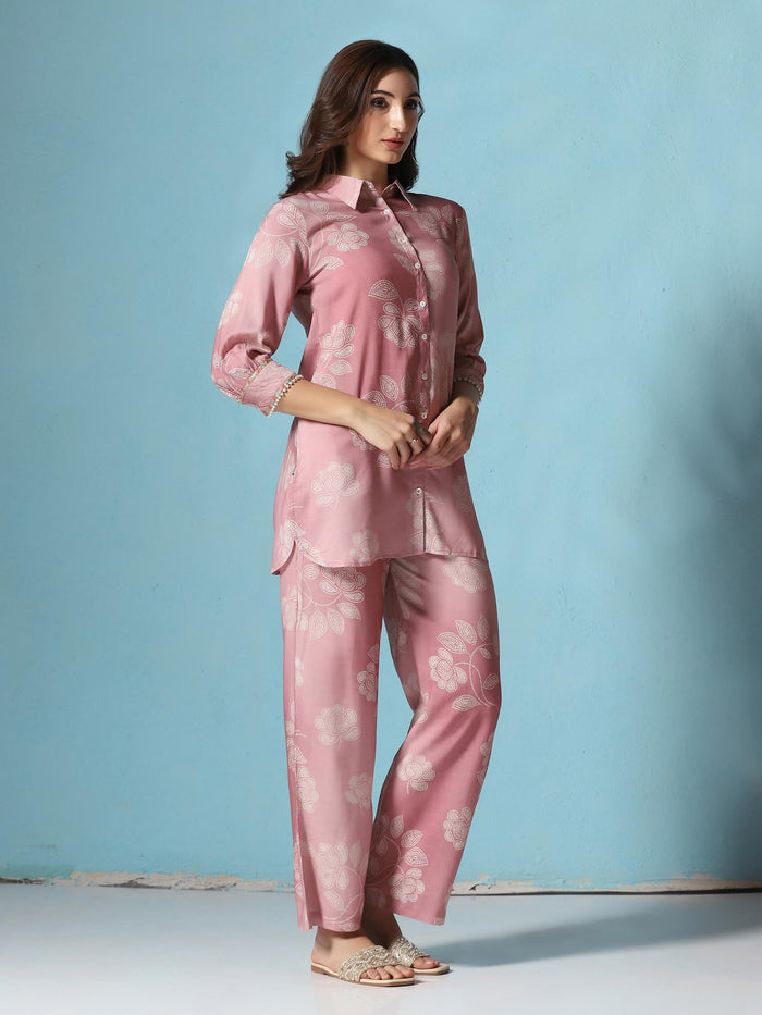 Women Liva Pink Floral Print Co-Ord Set.