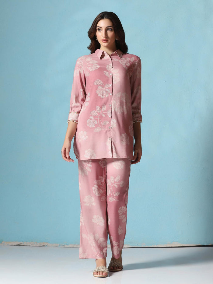 Women Liva Pink Floral Print Co-Ord Set.