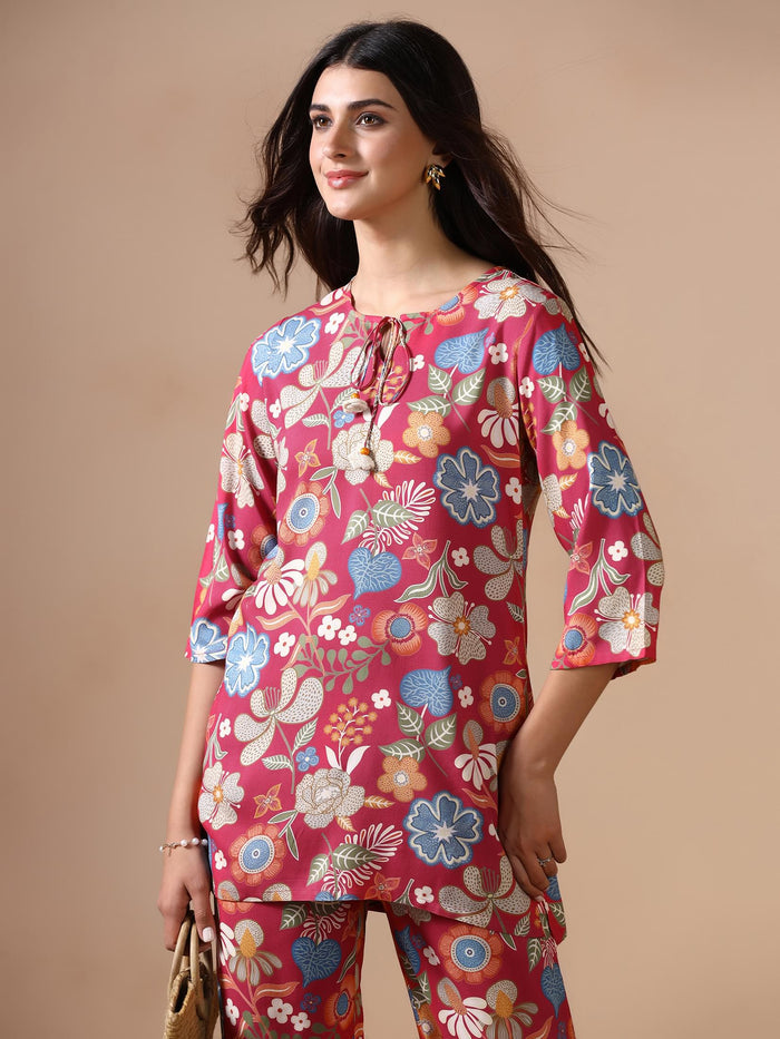 Women Liva Pink Floral Print Co Ord Set.