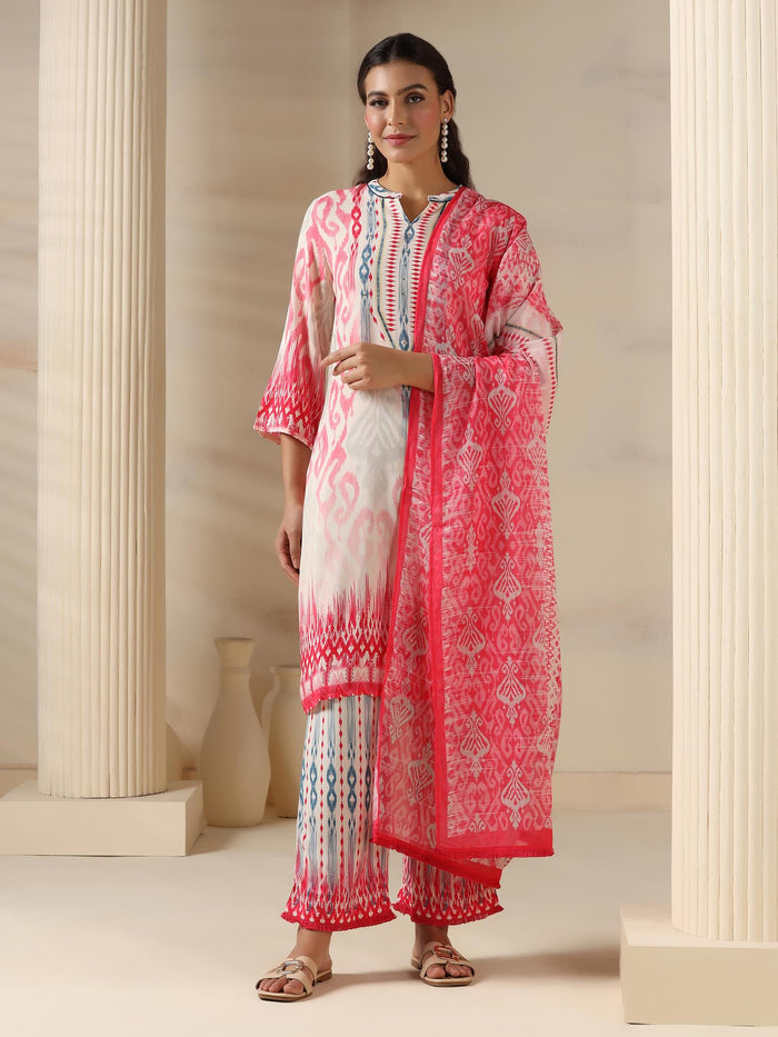 Women Liva Pink Ikat Print Kurta Comfort Pant Dupatta.