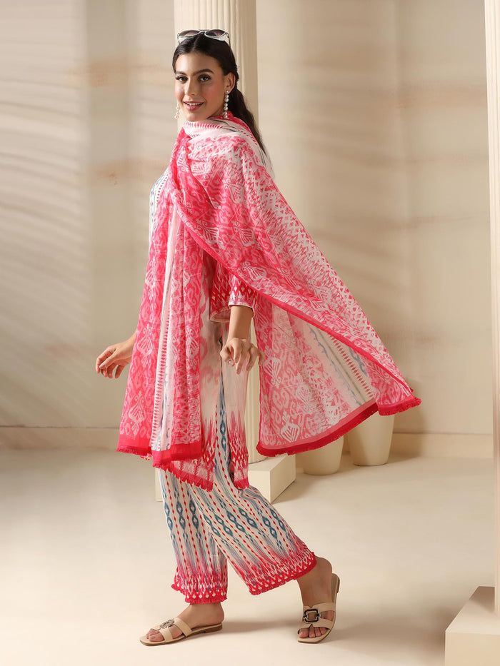 Women Liva Pink Ikat Print Kurta Comfort Pant Dupatta.