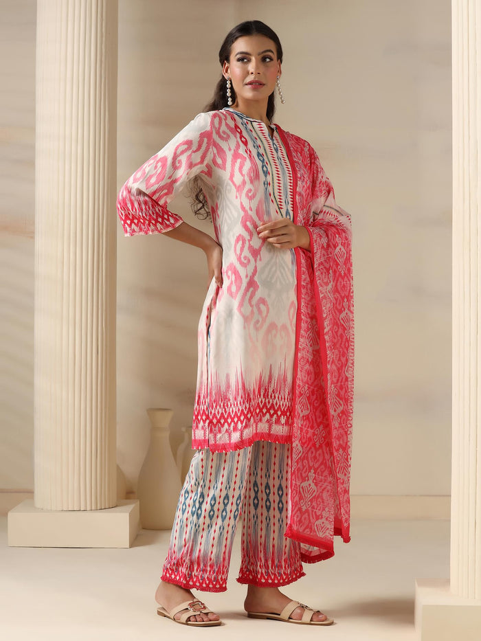 Women Liva Pink Ikat Print Kurta Comfort Pant Dupatta.