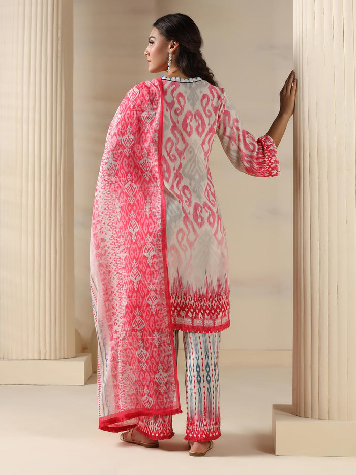 Women Liva Pink Ikat Print Kurta Comfort Pant Dupatta.