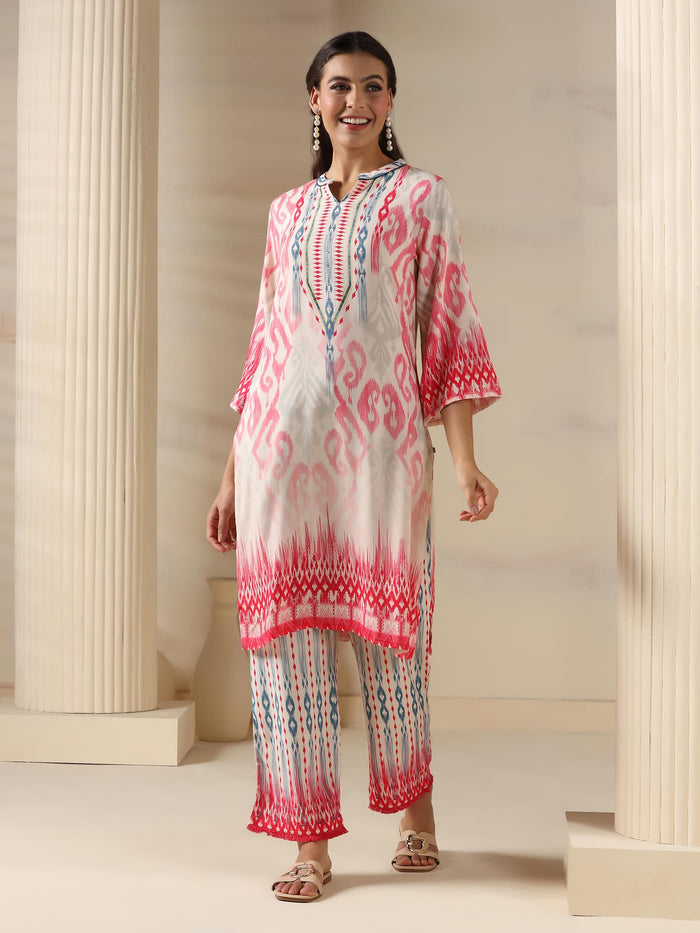 Women Liva Pink Ikat Print Kurta Comfort Pant Dupatta.