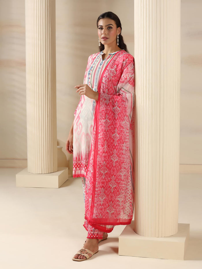 Women Liva Pink Ikat Print Kurta Comfort Pant Dupatta.
