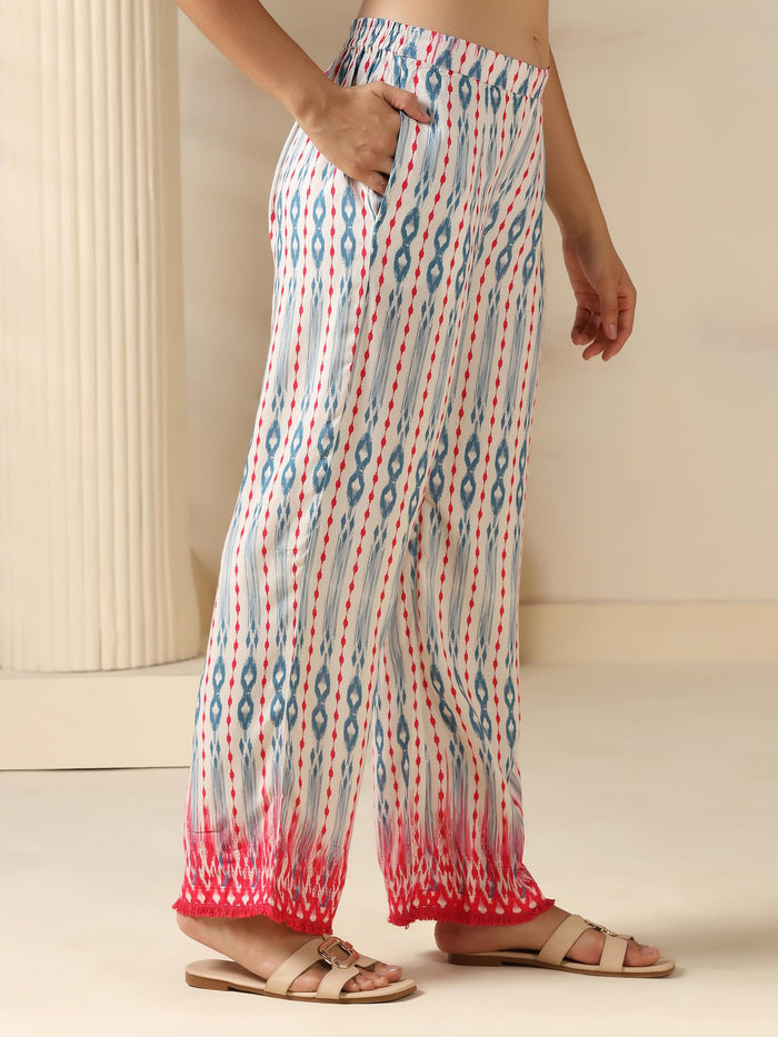 Women Liva Pink Ikat Print Kurta Comfort Pant Dupatta.