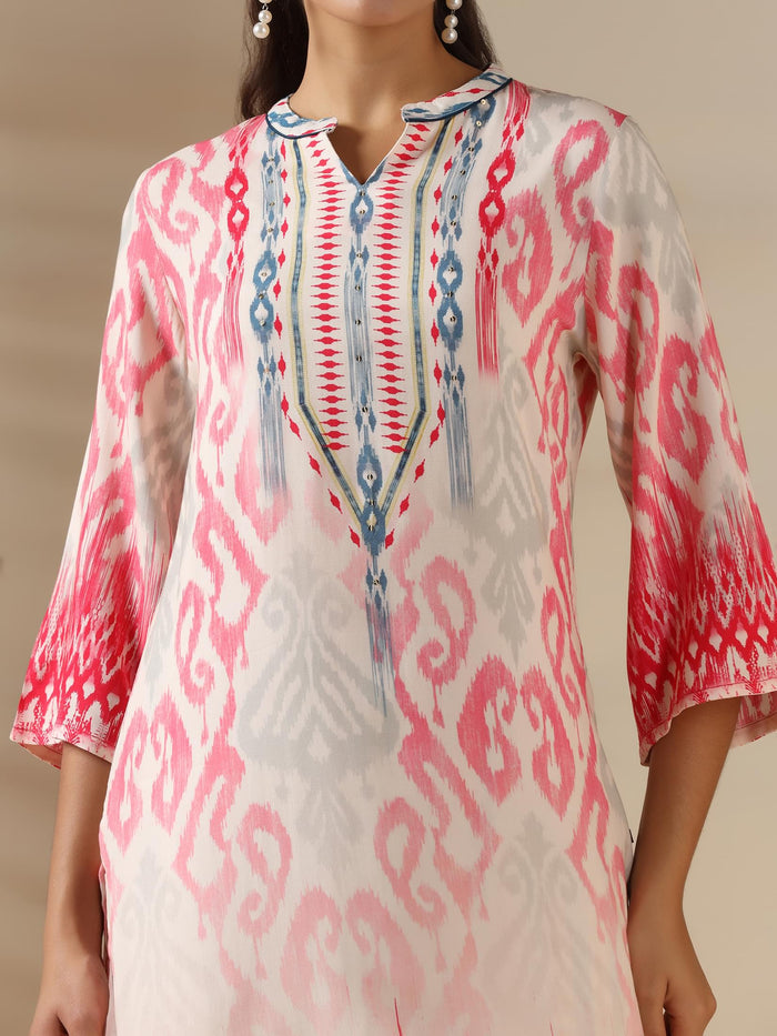 Women Liva Pink Ikat Print Kurta Comfort Pant Dupatta.