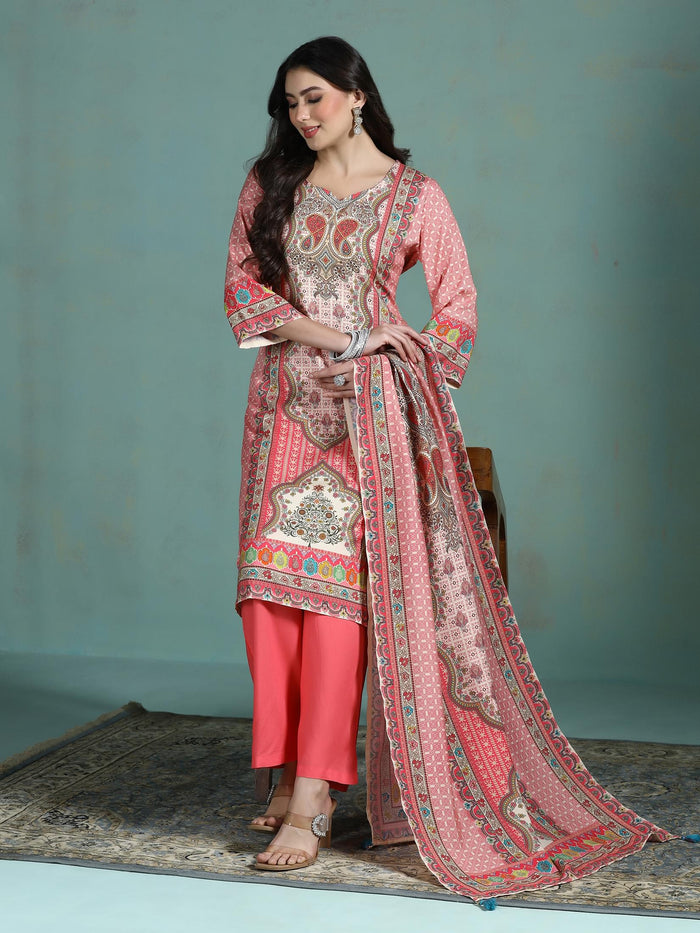 Women Liva Pink Multi Printed Kurta Comfort Pant Dupatta.