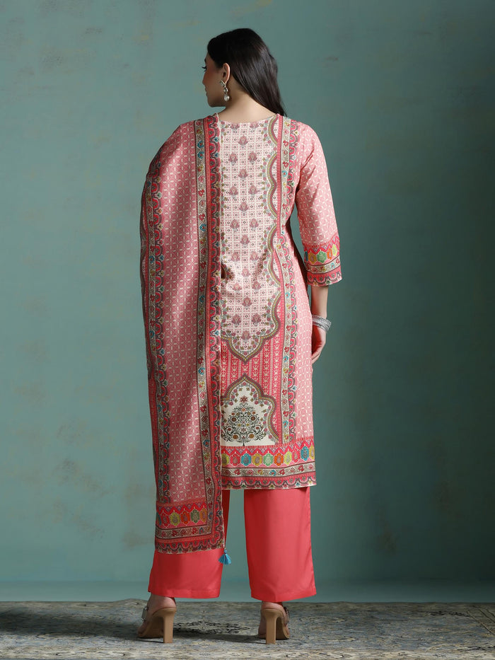 Women Liva Pink Multi Printed Kurta Comfort Pant Dupatta.