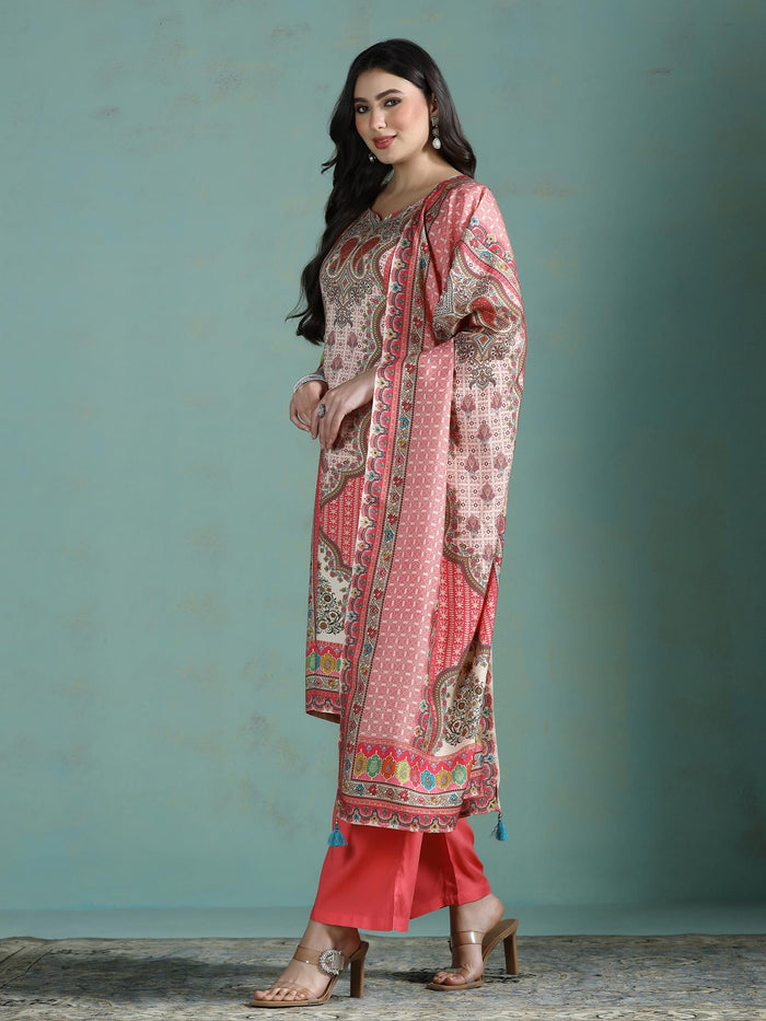 Women Liva Pink Multi Printed Kurta Comfort Pant Dupatta.