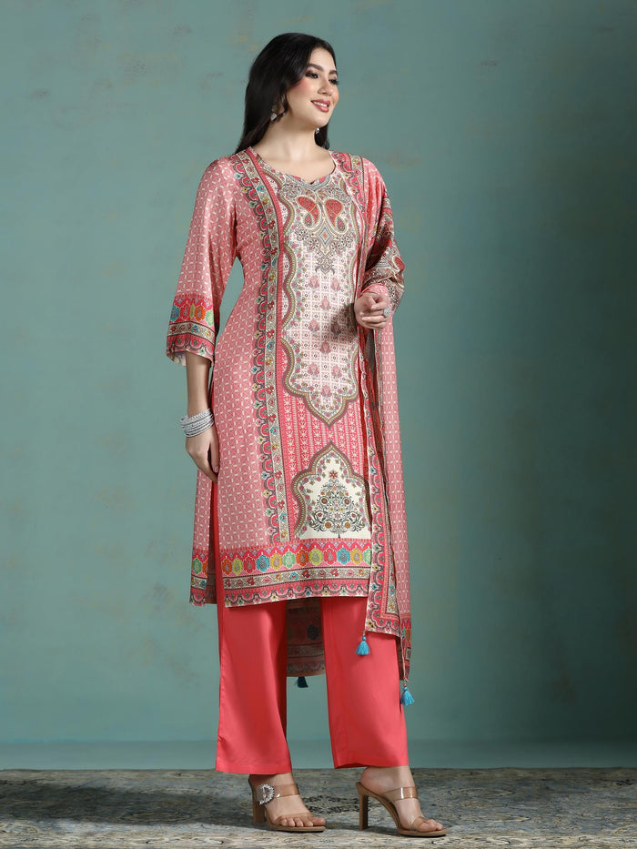 Women Liva Pink Multi Printed Kurta Comfort Pant Dupatta.