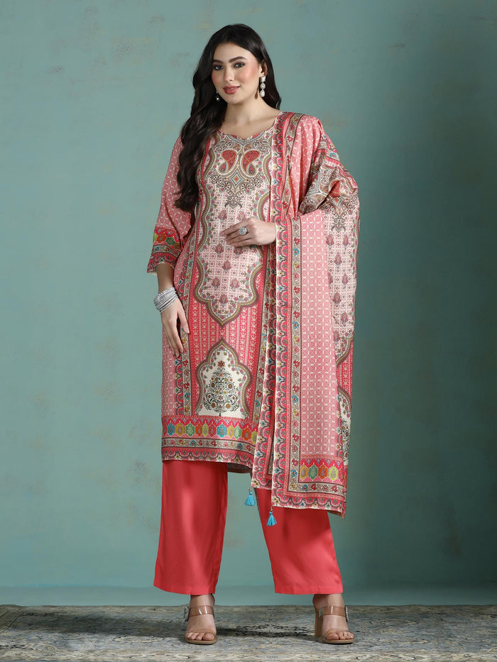 Women Liva Pink Multi Printed Kurta Comfort Pant Dupatta.