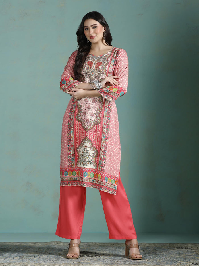 Women Liva Pink Multi Printed Kurta Comfort Pant Dupatta.