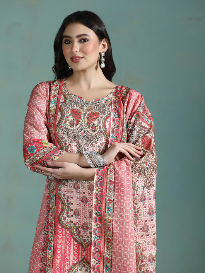 Women Liva Pink Multi Printed Kurta Comfort Pant Dupatta.