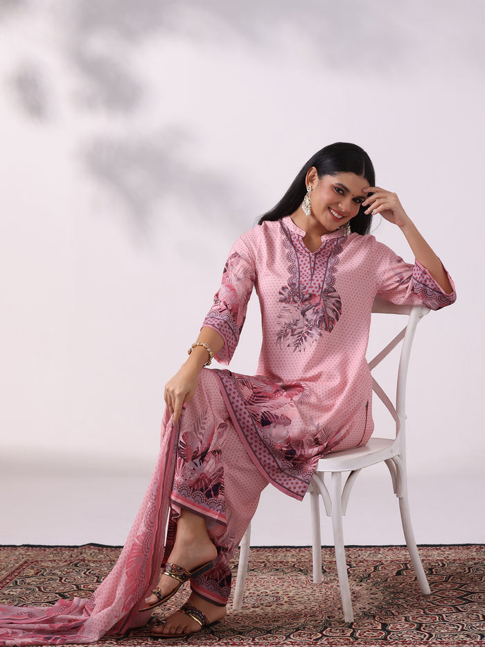 Women Liva Pink Printed Kurta Comfort Pant Dupatta
