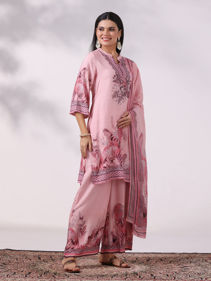 Women Liva Pink Printed Kurta Comfort Pant Dupatta
